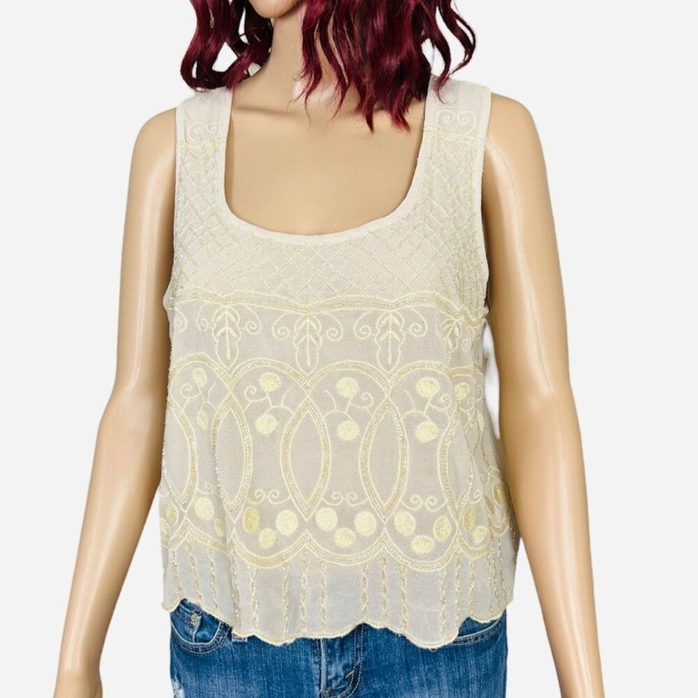 Express Beaded Sheer Sleeveless Top Medium Cream Embroidery